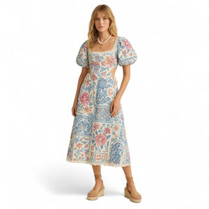 Farm Rio Anthropologie Boho Patchwork Linen Cut Out Midi Dress Off White M NWT